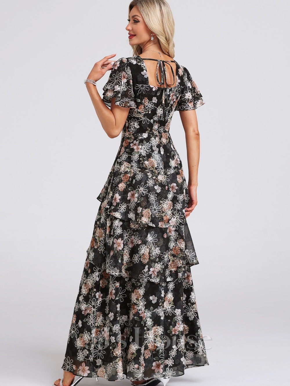 JJs House Black Maxi Dress with Pink and Cream Floral Lace - Picture 2 of 4